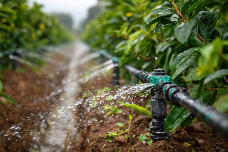 A close-up of a plantation irrigation system. Watering pipes are used for watering plants. Water splashes.の素材