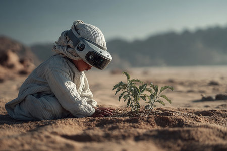 A concept for saving the Earth and carbon emissions. A child wearing virtual reality goggles saves a tree sapling in the middle of the desert. The concept of the future of the planet.の素材