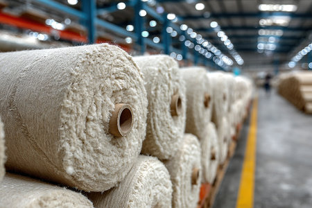 Large spools of sheep's fleece at a wool factory. Concept for products made from natural sheep's wool.の素材