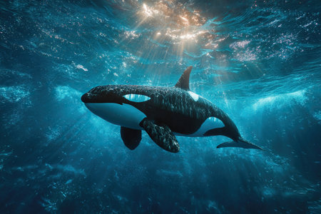 A killer whale swims underwater in the light of penetrating sunlight. Marine predators. Wildlife.の素材