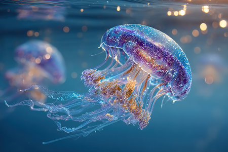 A jellyfish with a purple shimmering body and transparent tentacles swims underwater. Sea background with jellyfish.の素材