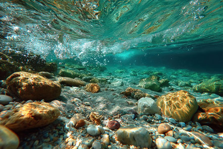 Crystal clear water. A beautiful seabed of pebbles and rocks, illuminated by shimmering sunlight. Underwater image.の素材