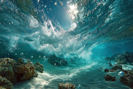 An underwater seascape with white sand and corals on the bottom. Clear seawater laps against the shore.の素材