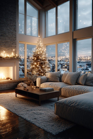 A cozy interior with a living room decorated for Christmas. A stylish sofa and golden garlands. Christmas interiorの素材
