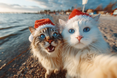 A Christmas selfie of two cats on the beach by the sea. The cats are wearing Christmas hats.の素材