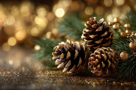 The pine cones and branches of the Christmas tree are decorated with gold glitter and sit on a table with a gold bokeh background and copy space. Christmas winter wallpaper.の素材