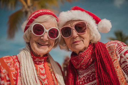 Two elderly friends take a selfie under a palm tree wearing Christmas hats. Two cheerful elderly ladiesの素材