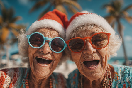 Two cheerful grandmothers take pictures wearing Santa hats at a tropical resort. Christmas and New Year. Tropical climate.の素材
