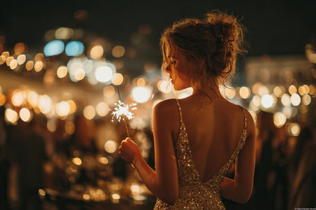 A festively dressed young girl holds a lit sparkler in her hand at a party. A slender woman in a short shiny dress.の素材