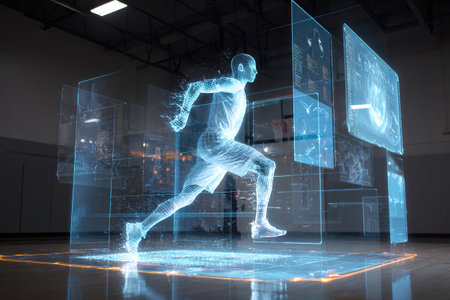 Cyber projection of an athlete jumping. Futuristic concept of analyzing athlete's biometric indicators during training.の素材