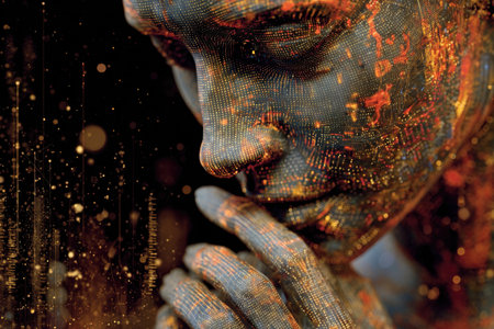 A Cyberman's face, deep in thought, against a background of blurred dots and lines. Artificial intelligence, the robot is endowed with feelings.の素材