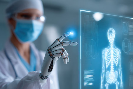 A male surgeon with a robotic arm equipped with artificial intelligence. Concept of intelligent medical technology. High technology is used in surgery for precision of the operation.の素材