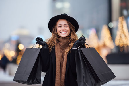 An attractive, cheerful girl in a hat and coat holds black shopping bags from boutiques. Shopping, discounts, sales.の素材