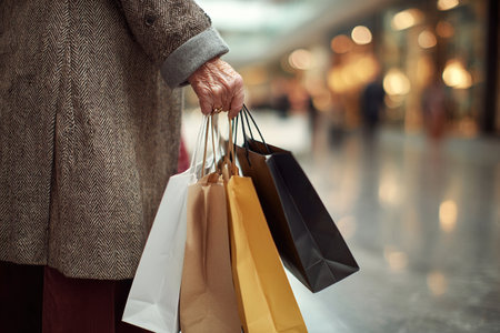 Close-up of an elderly woman holding shopping bags in her hand. An elderly elegant woman in a coat is shopping.の素材