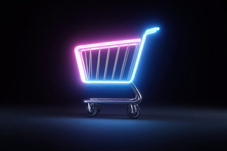 The neon glow of a metal cart on wheels in the dark encourages shopping. Cyber Monday or Black Friday.の素材