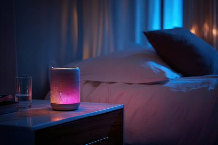 A cozy evening background. A smart speaker or white noise generator on your bedside table in the bedroom.の素材