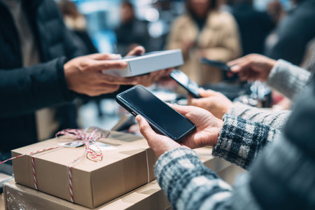 A new smartphone in the hands of a buyer. The concept of sales and discounts. Shopping and sales concept. Black Friday.の素材