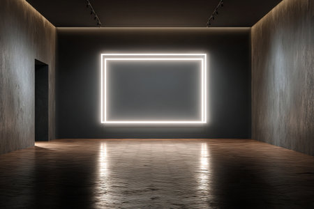 Neon frame on a concrete wall in an empty room. Space for text and advertising.の素材