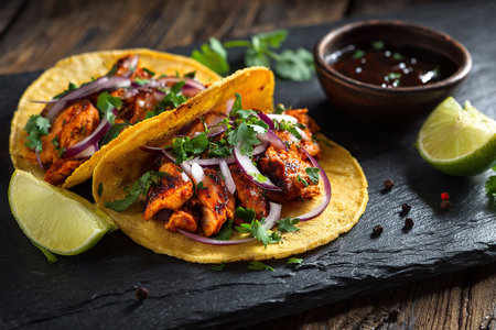 Delicious, mouth-watering chicken and lime tacos are served on a graphite tray at the restaurant. Mexican tacoの素材