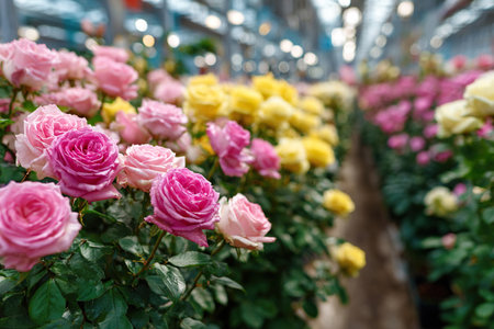 Industrial cultivation of pink and yellow rose bushes in a greenhouse. Rose nursery.の素材