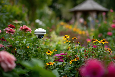 A CCTV camera pans over a garden surrounded by vibrant flowers and greenery. Flower growing. Smart technologies in gardening.の素材