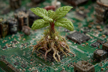 A green tree sprout has taken root on a microchip. The tree is growing out of the processor. Symbiosis of plants and technologies.の素材