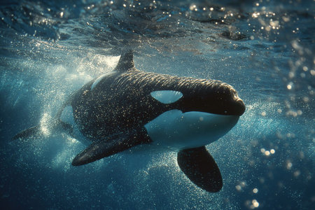 A killer whale dives underwater. Underwater photo of the predator. Wildlife.の素材