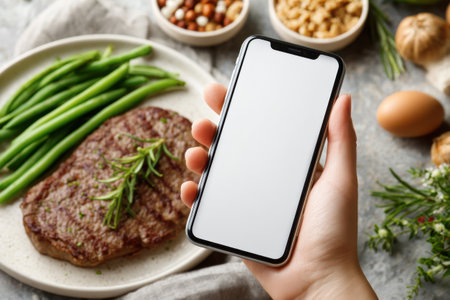 A woman's hand holds a smartphone with a white screen over a plate with green bean steak. Food photos.の素材