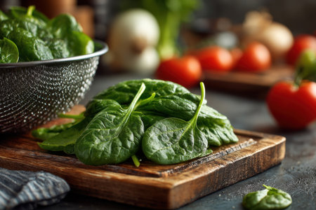 Fresh washed spinach on a wooden board in a restaurant kitchen. Spinach against a background of tomatoes.の素材