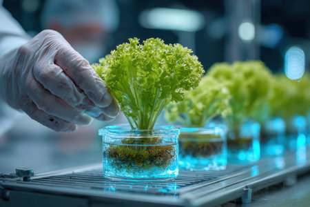 A scientist's gloved hand develops a new variety of lettuce in a laboratory. Implementation of new technologies in farming.の素材