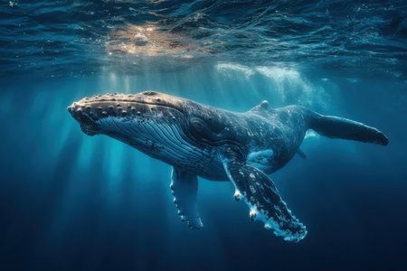 A close-up of a whale swimming shallowly underwater. Clear blue water.の素材