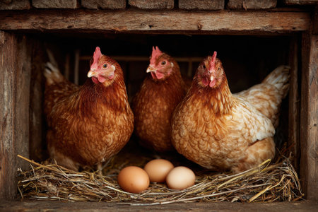Three hens in a nest with eggs in a wooden chicken coop. The concept of environmentally friendly products.の素材