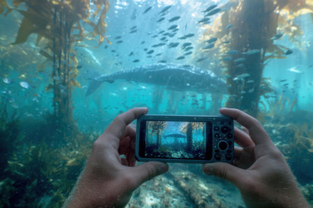 A man's hands hold a camera underwater while photographing fish. Underwater photography.の素材