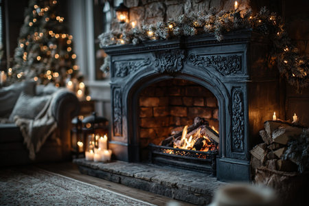 A cozy, homey atmosphere for the winter holidays. The wood burns down in the fireplace. Christmas celebrations.の素材