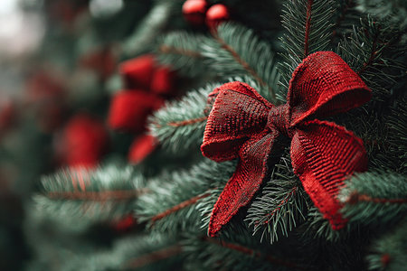 Evergreen spruce branches are decorated with red bows. Red bow close upの素材