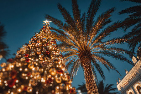 Bottom view of a Christmas tree next to a palm tree. Christmas tours. Banner for a travel company.の素材