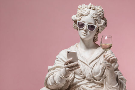 A plaster sculpture of a female blogger holding a smartphone and a glass of wine. Minimalistic concept art.の素材