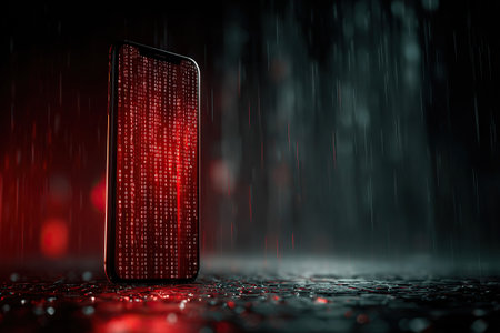 A smartphone with a digital binary code matrix displayed on its screen.の素材