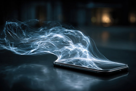 Abstract glowing data stream emanating from a smartphone lying on a flat surface. Cyberattack, data leak.の素材