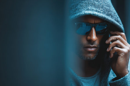 A black man is talking on a smartphone, close-up of his hands. The man is wearing sunglasses and a hoodie. The concept of telephone fraud.の素材