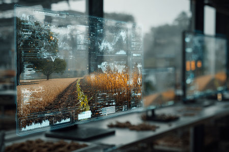 Farmers grow crops using smart technology. Growing plants using the smart farm concept. High-tech screen with farmland.の素材