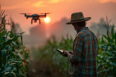 A farmer wearing a hat and a plaid shirt stands in a green cornfield, controlling a drone flying over the field. Technology in agriculture.の素材