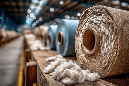 Large rolls of sheep fleece at a wool factory. Concept for products made from natural sheep's wool.の素材