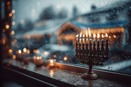 The menorah, with all its Hanukkah candles lit, stands by the window in the evening. The Jewish Festival of Lights.の素材