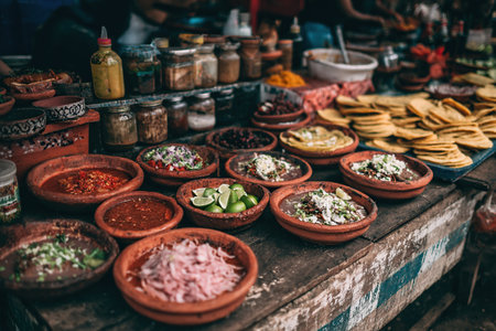A Mexican street cafe. Taco ingredients are laid out on a wooden counter. Mexican farmers market.の素材