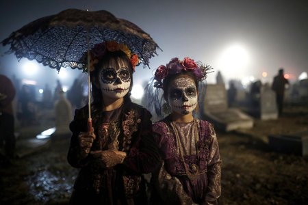 The Mexican holiday Day of the Dead. Two girls with undead makeup stand under an umbrella near a family grave.の素材