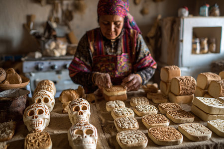 An elderly Mexican woman bakes skull-shaped cookies. Countryside background.の素材