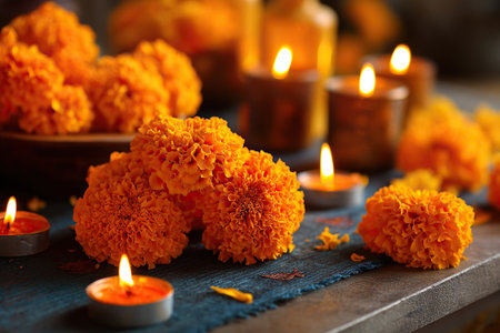 Religious arrangement of multicolored marigold flowers with candles on a flat surface. Day of the Dead, Diwali or Halloween.の素材