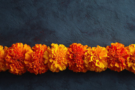 A bright garland of marigold flowers isolated on a dark concrete background. Copy spaceの素材