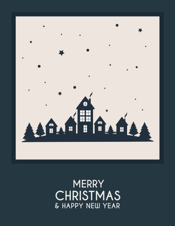 A vertical Christmas card in a cut-out paper style. Silhouettes of houses covered in snow on a blue background. Merry Christmas.のイラスト素材